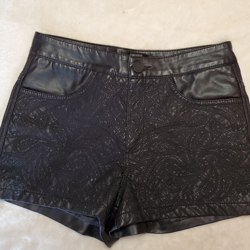 Pleather Shorts with Paisley Embroidery